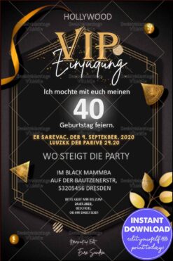 German Hollywood-Themed VIP 40th Birthday Invitation with Black and Gold Luxe Elements