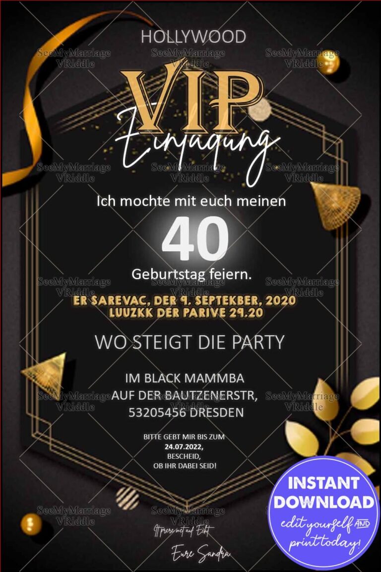 German Hollywood-Themed VIP 40th Birthday Invitation with Black and Gold Luxe Elements