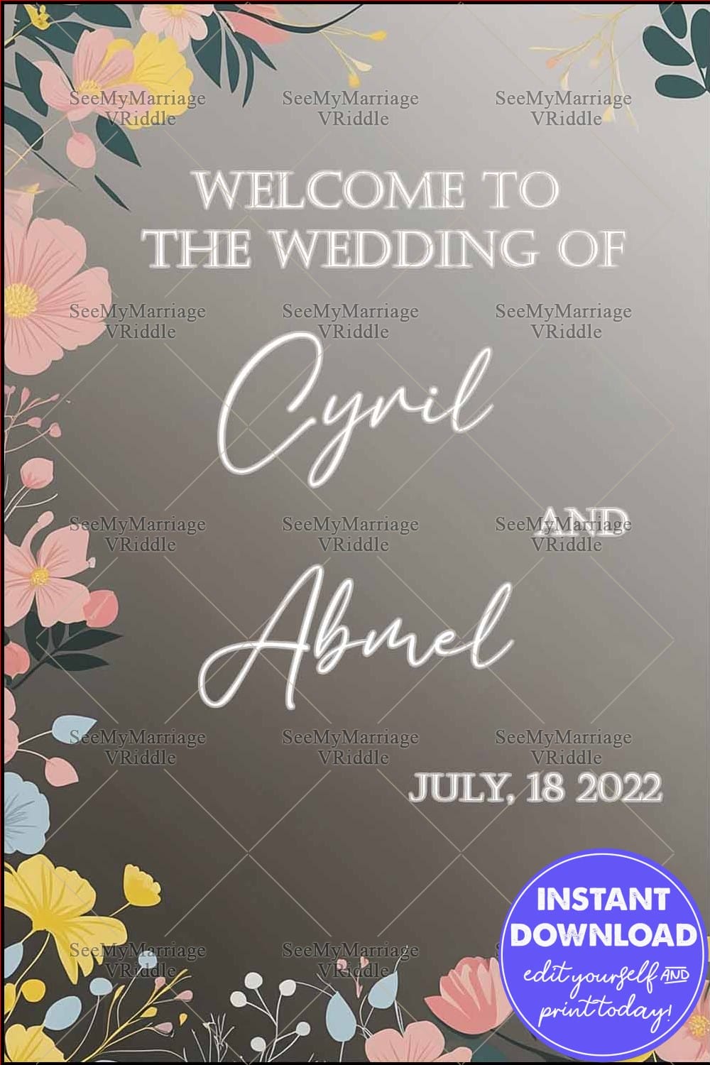 Neutral Gray Background Wedding Welcome Banner with Pastel Flower Illustrations