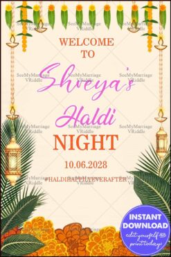Haldi Night Welcome Banner with Marigold Garlands, Lanterns, and Tropical Leaf Illustrations