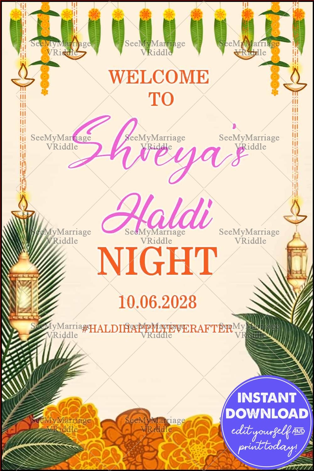 Haldi Night Welcome Banner with Marigold Garlands, Lanterns, and Tropical Leaf Illustrations