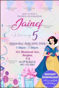 Frozen-Themed 5th Birthday Invitation Featuring Elsa, Olaf, and Floral Snowflakes on a Vibrant Aqua Background