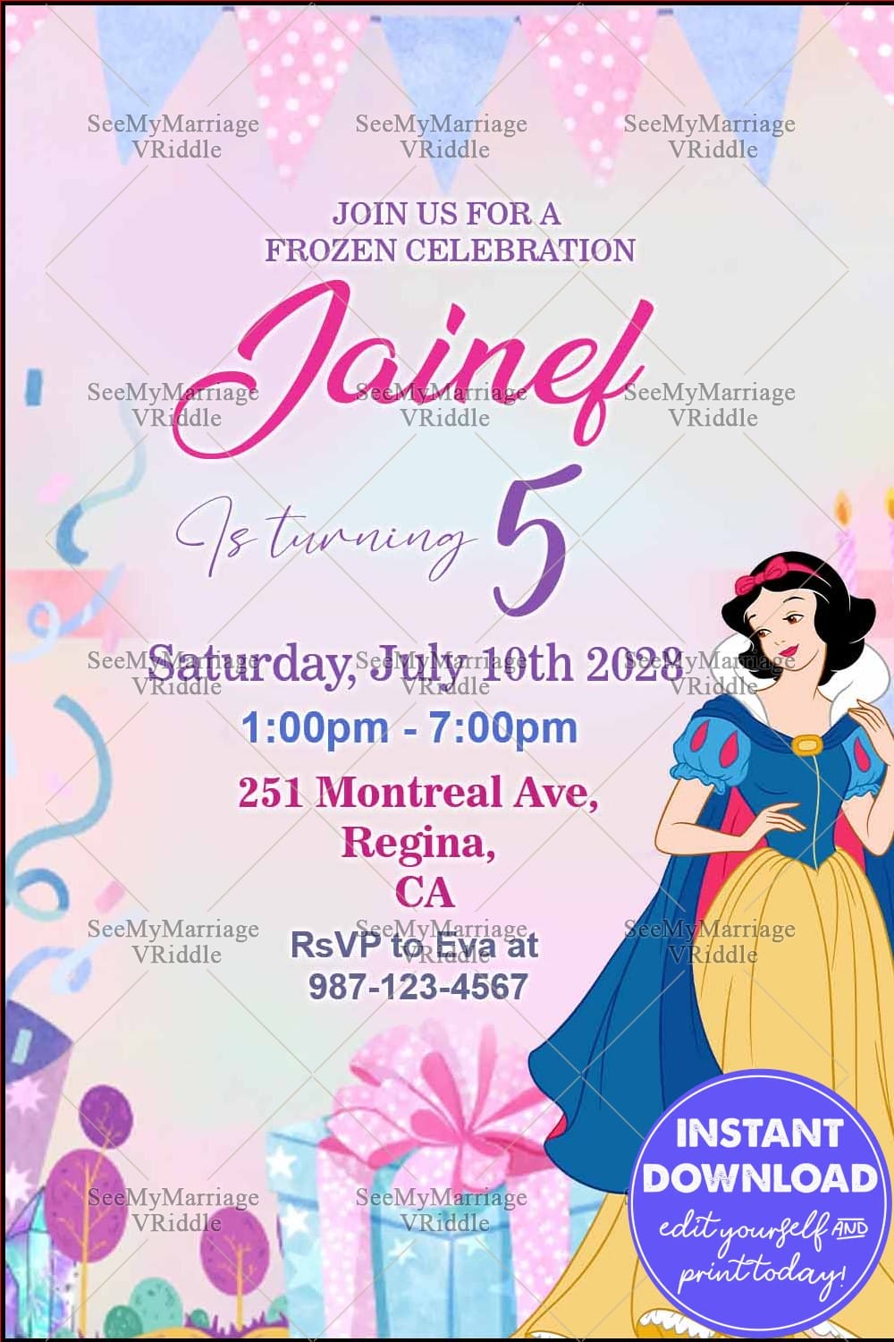 Frozen-Themed 5th Birthday Invitation Featuring Elsa, Olaf, and Floral Snowflakes on a Vibrant Aqua Background