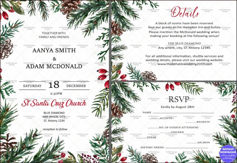 Christmas Themed Wedding Invitation Suite with Pine Branch and Berry Motif Borders, RSVP, and Details Card
