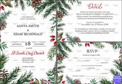 Christmas Themed Wedding Invitation Suite with Pine Branch and Berry Motif Borders, RSVP, and Details Card