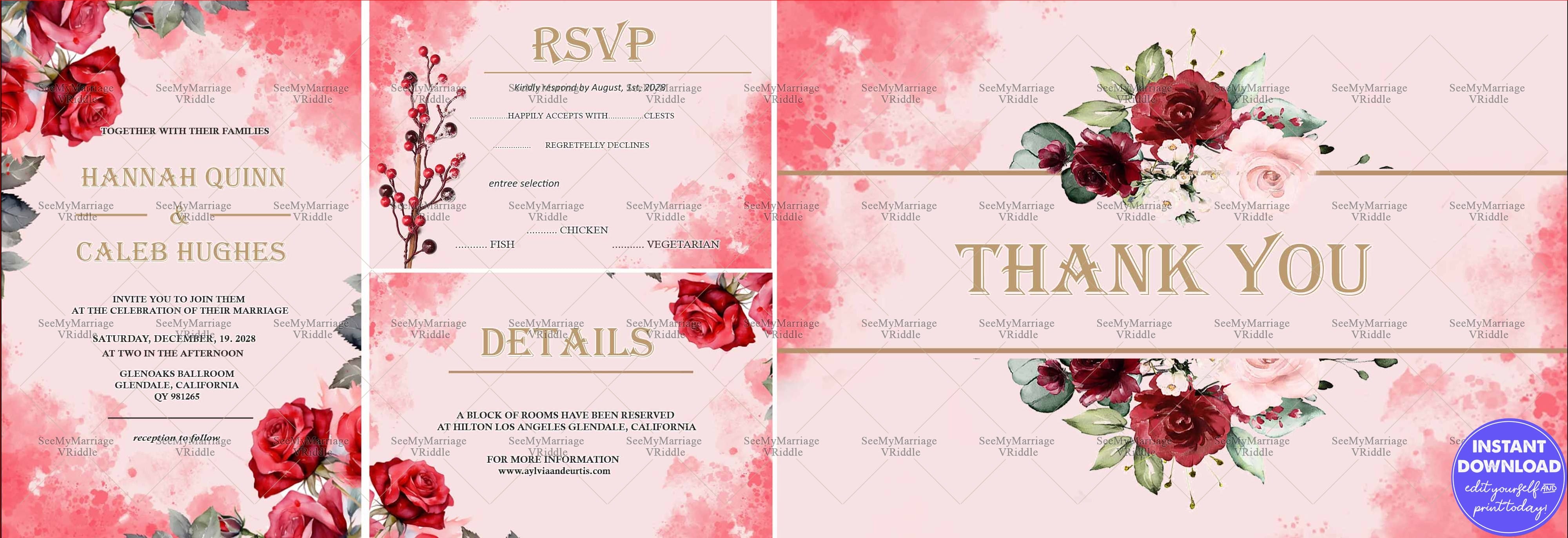 Red and Pink Themed Wedding Invitation Suite on a Watercolour Background with RSVP, Details, and Thank You Card