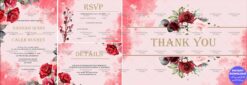 Red and Pink Themed Wedding Invitation Suite on a Watercolour Background with RSVP, Details, and Thank You Card