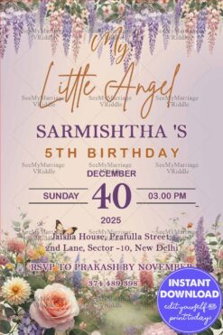 Floral Wonderland 5th Birthday Invitation for My Little Angel