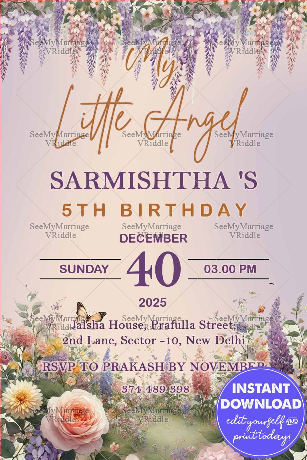 Floral Wonderland 5th Birthday Invitation for My Little Angel