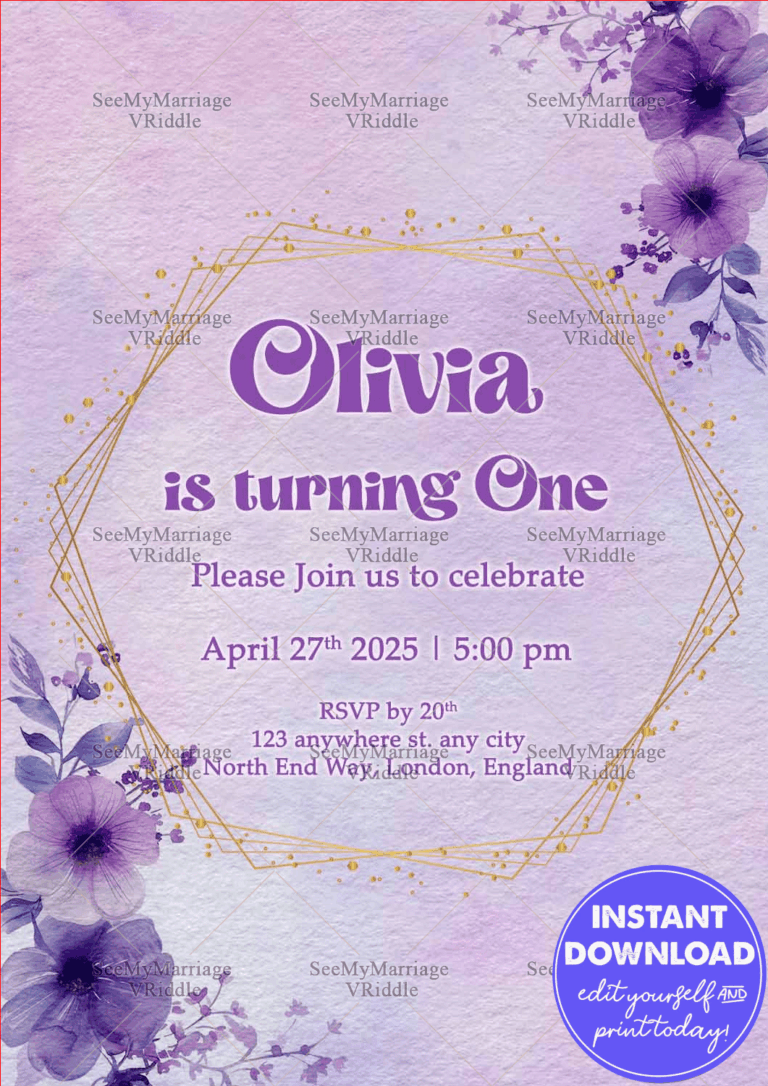 1st Birthday Invitation with Lavender Floral Background and Geometric Gold Accents