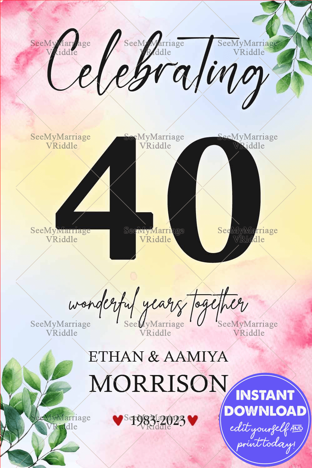40th Anniversary Celebration Collage with Romantic Photos and Pastel Watercolor Background