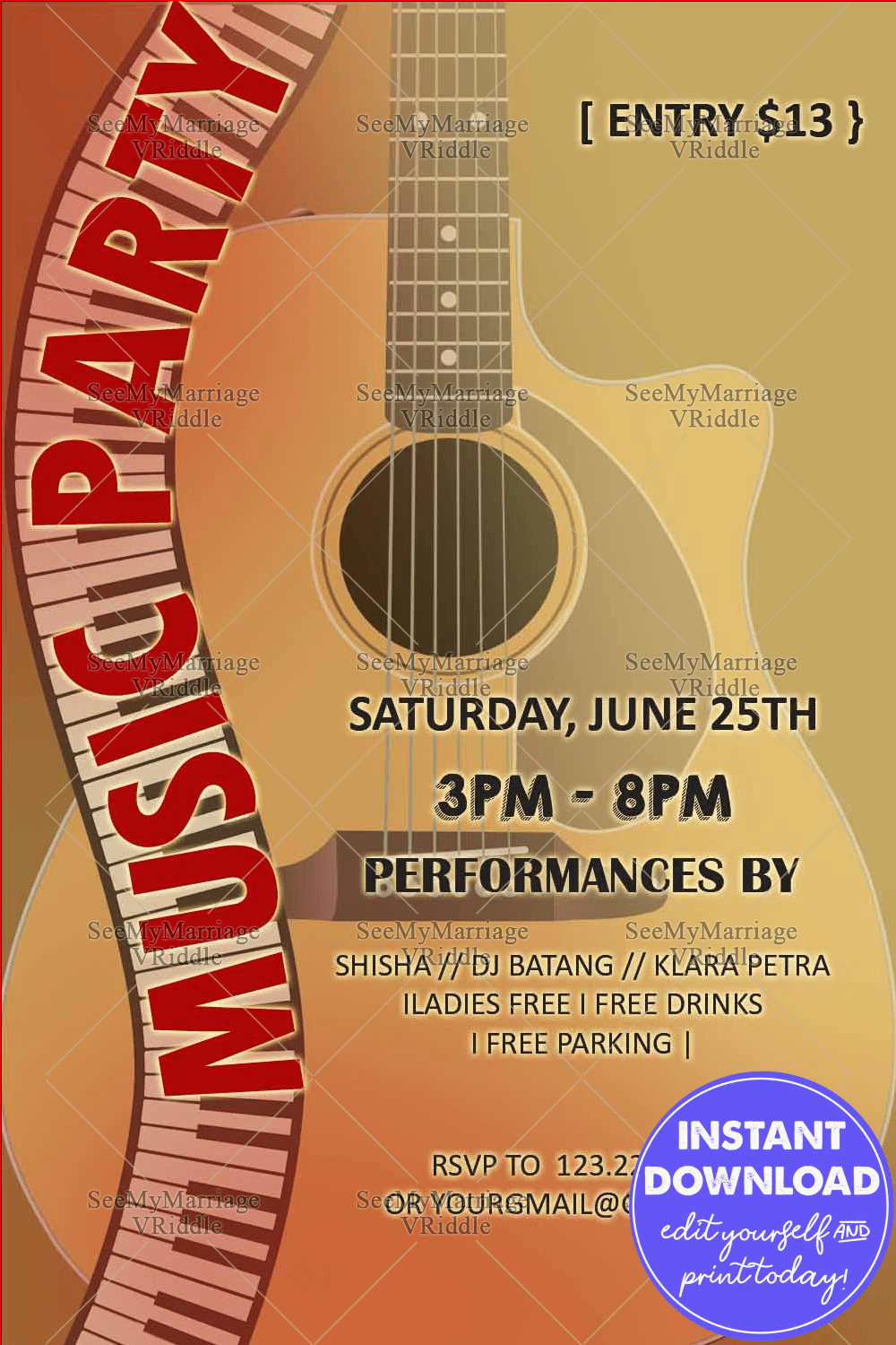 Acoustic-Themed Music Party Poster with Guitar Illustration, Bold Typography, and Event Details