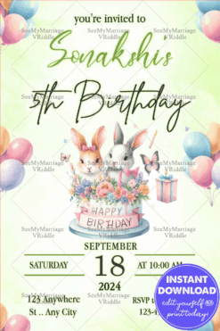 Adorable Bunny-Themed 5th Birthday Invitation with Pastel Green Background