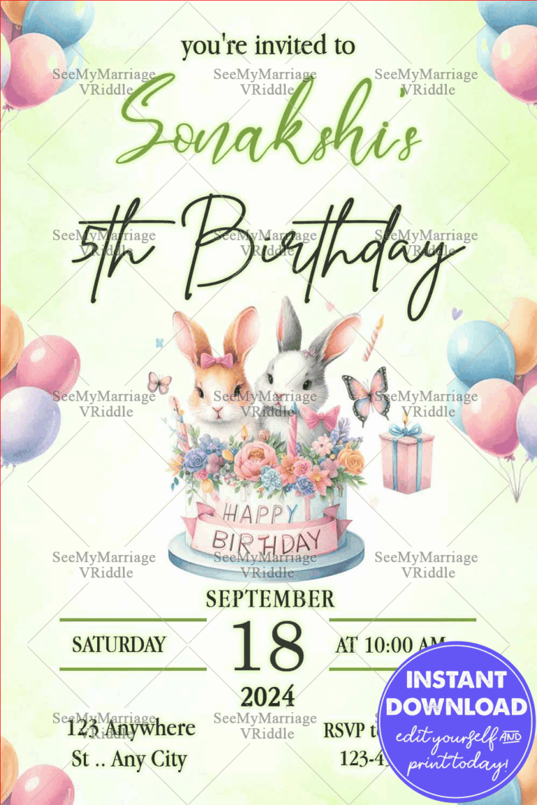 Adorable Bunny-Themed 5th Birthday Invitation with Pastel Green Background