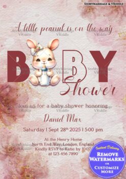 Adorable Bunny-Themed Baby Shower Invitation with Floral Accents and a Warm Pink Palette