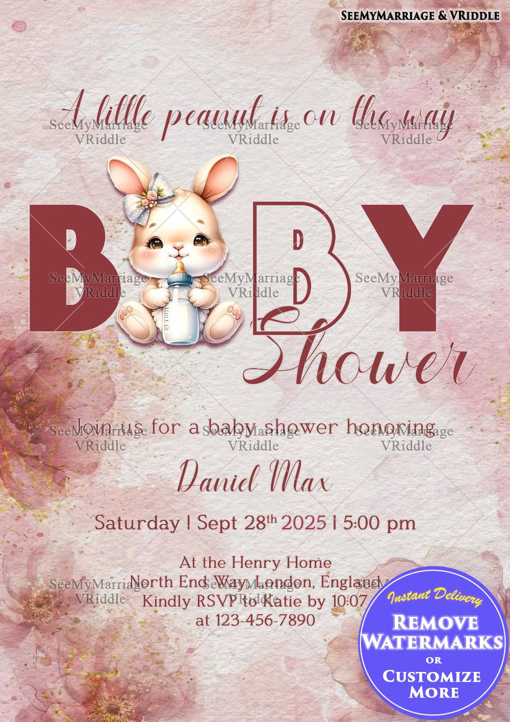 Adorable Bunny-Themed Baby Shower Invitation with Floral Accents and a Warm Pink Pal