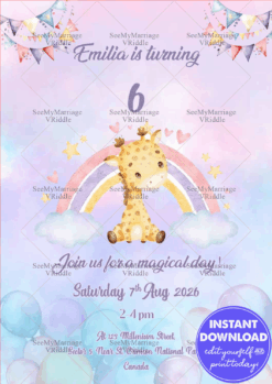 Adorable Magical Theme 6th Birthday Invitation with Giraffe, Rainbow and Pastel Balloons