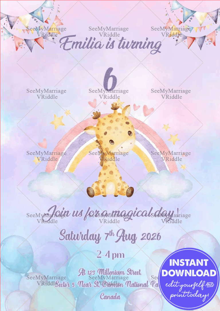 Adorable Magical Theme 6th Birthday Invitation with Giraffe, Rainbow and Pastel Balloons