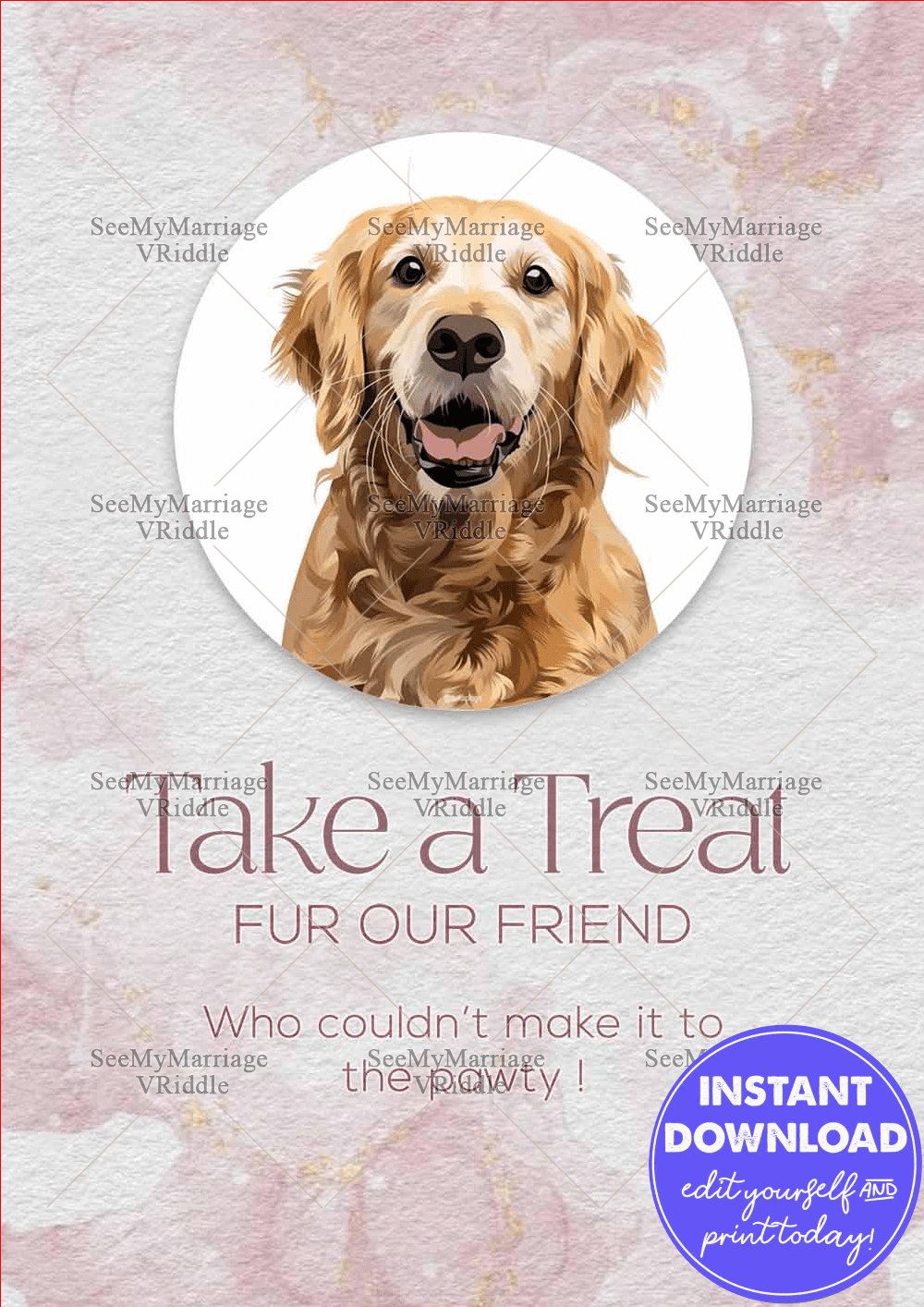 Adorable Pet Party Treat Poster with Golden Retriever Illustration and Soft Floral Background