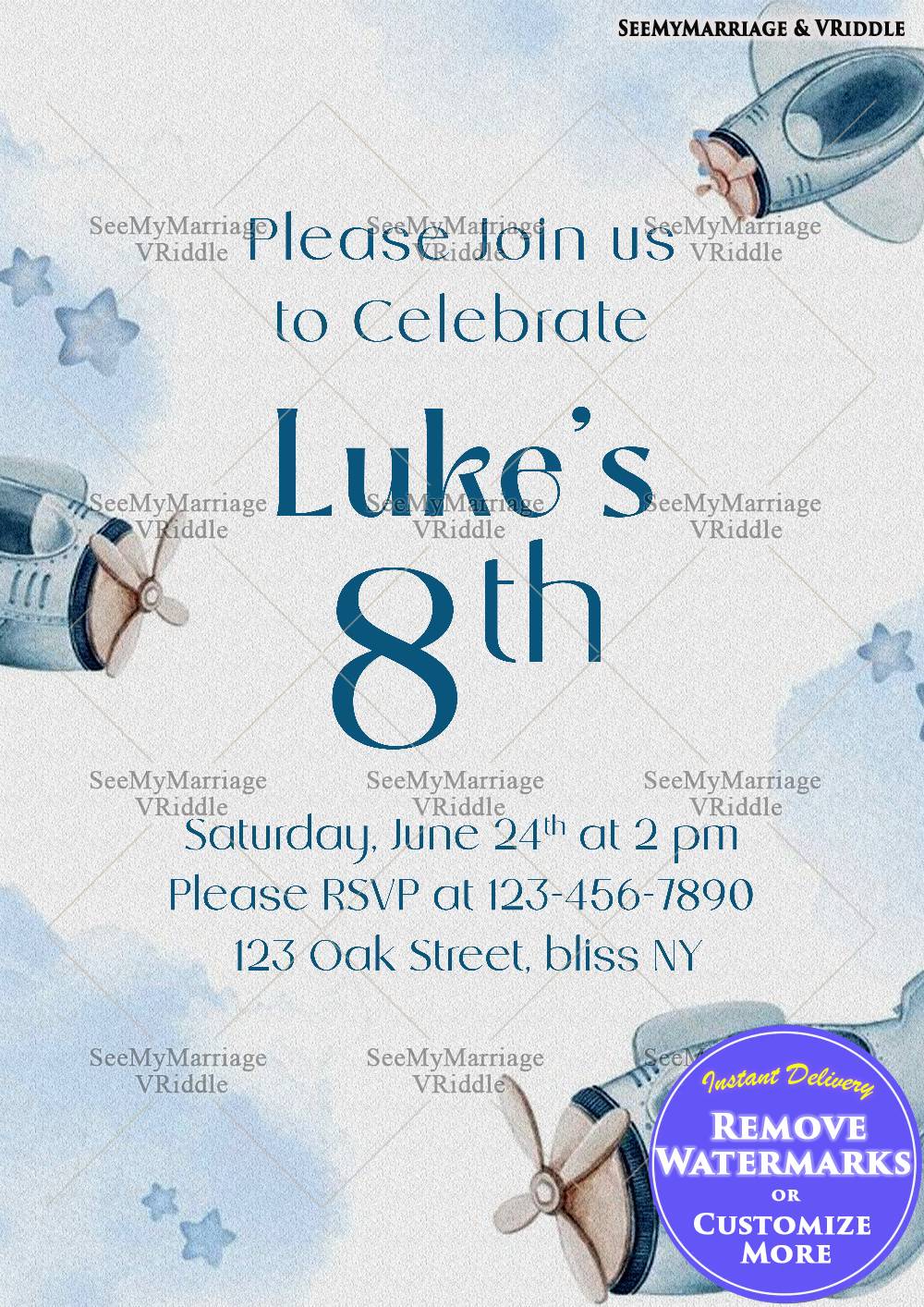 Airplane-Themed 8th Birthday Party Invitation with Sky Blue Vintage Design for Kids