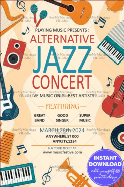 Alternative Jazz Concert Poster with Musical Instrument Illustrations and Vibrant Beige Background
