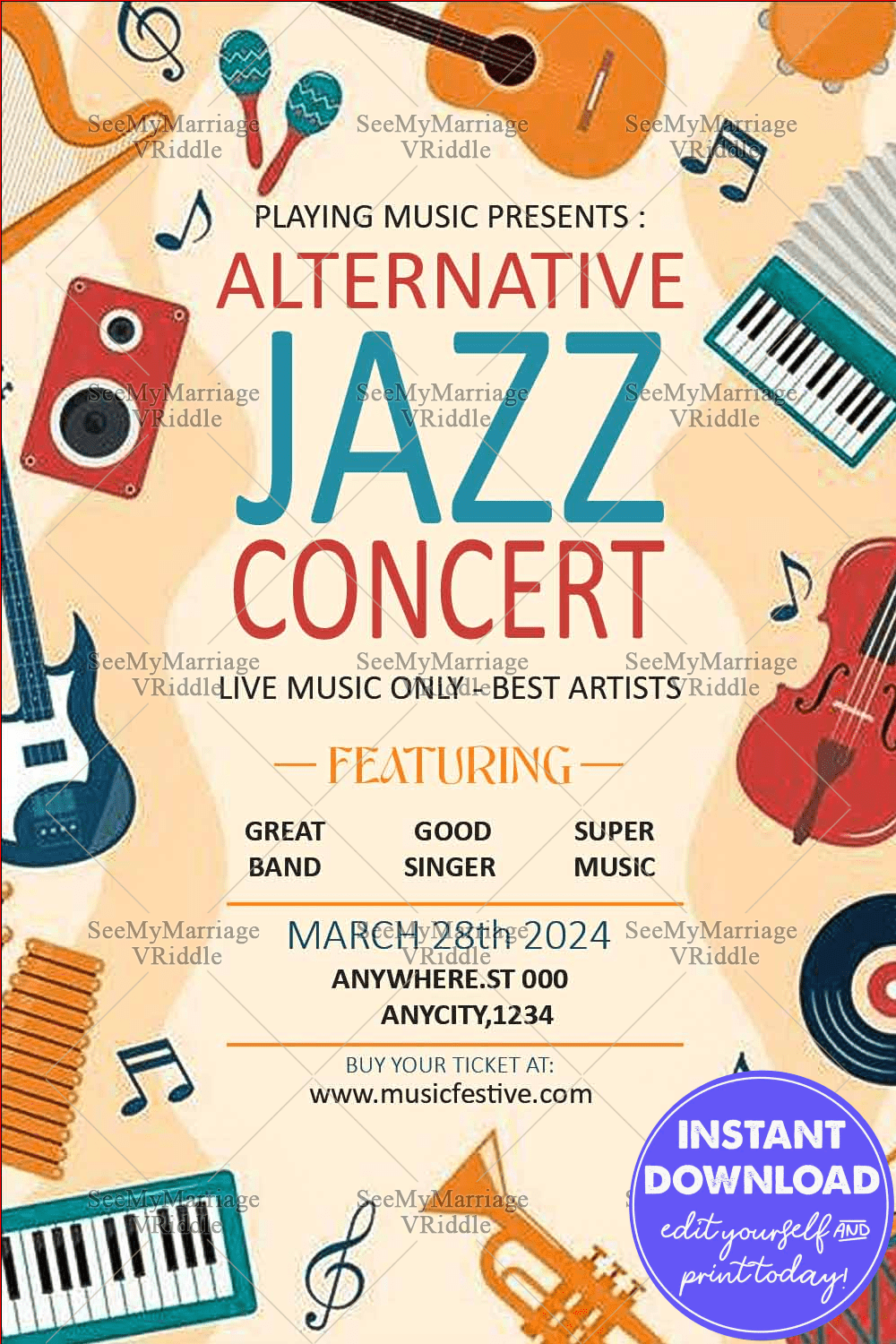 Alternative Jazz Concert Poster with Musical Instrument Illustrations and Vibrant Beige Background