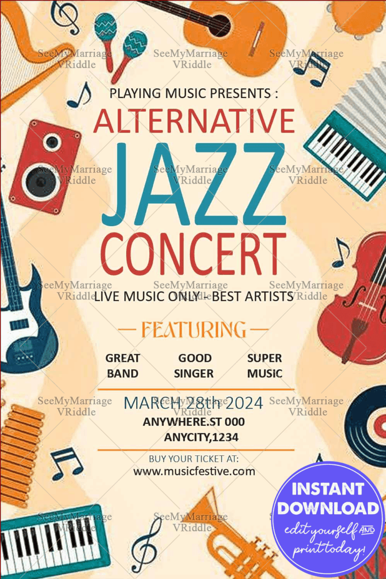 Alternative Jazz Concert Poster with Musical Instrument Illustrations and Vibrant Beige Background