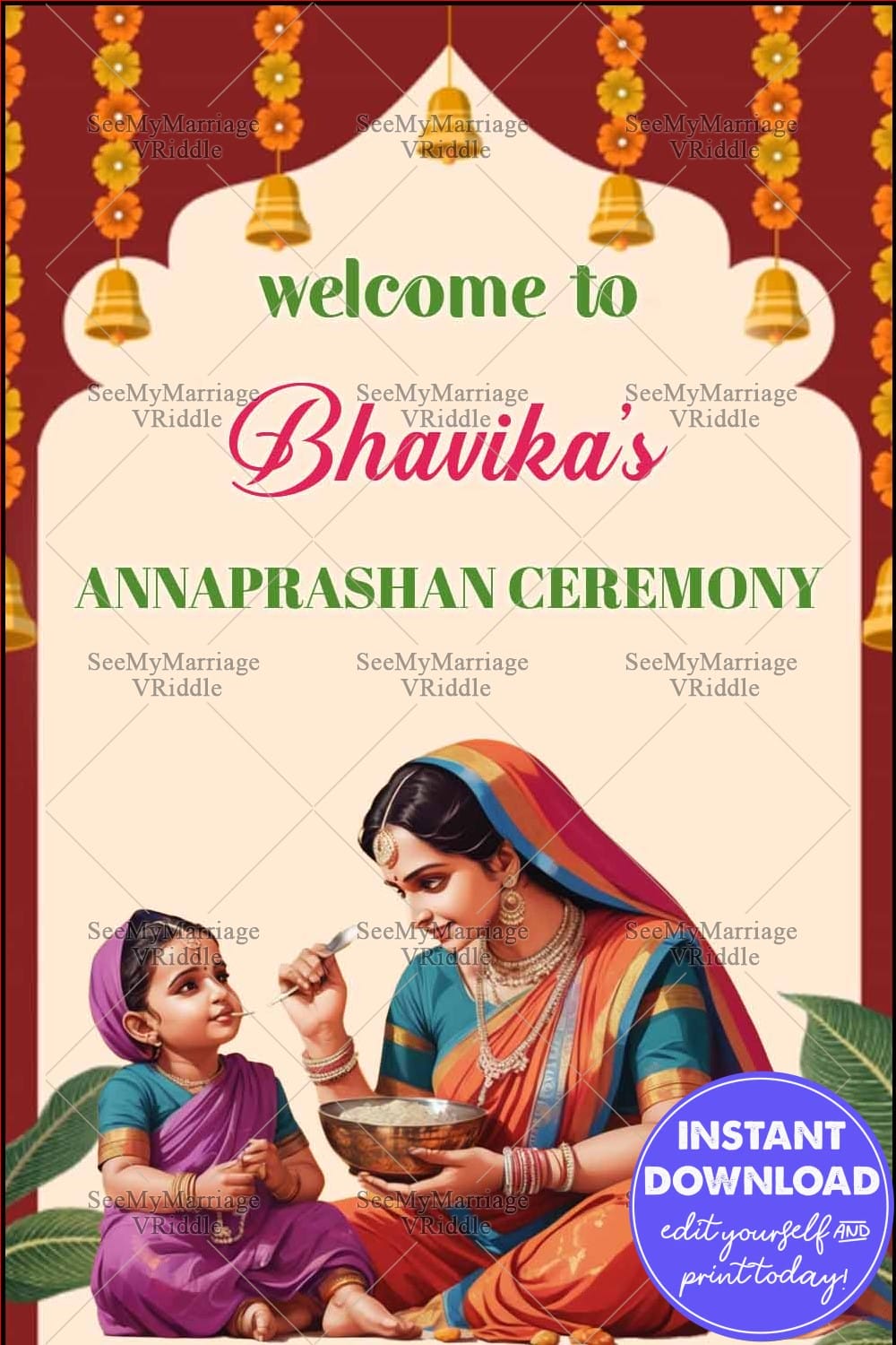 Annaprashan Ceremony Invitation with Mother-Daughter Illustration, Floral Borders, and Festive Bells