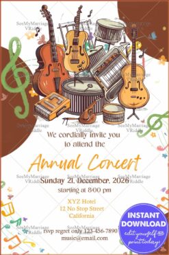 Annual Music Concert Invitation with Illustrated Musical Instruments and Notes in a White & Brown Modern Design