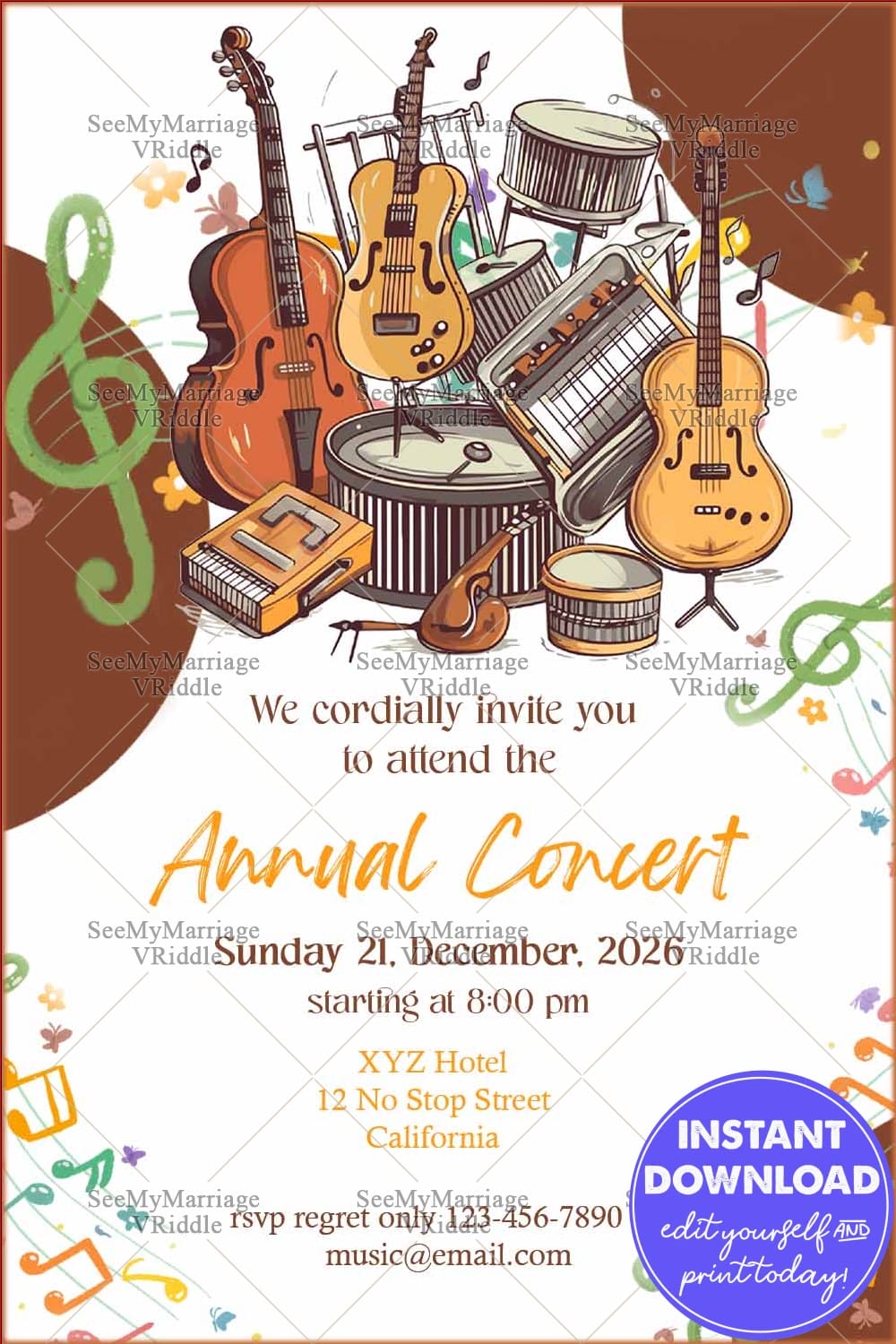 Vibrant Music Recital Invitation with Watercolor Boombox, Music