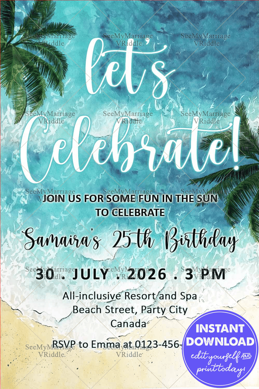 Aqua Waves Beach-Themed 25th Birthday Invitation with Tropical Palm Leaves, and Elegant Typography
