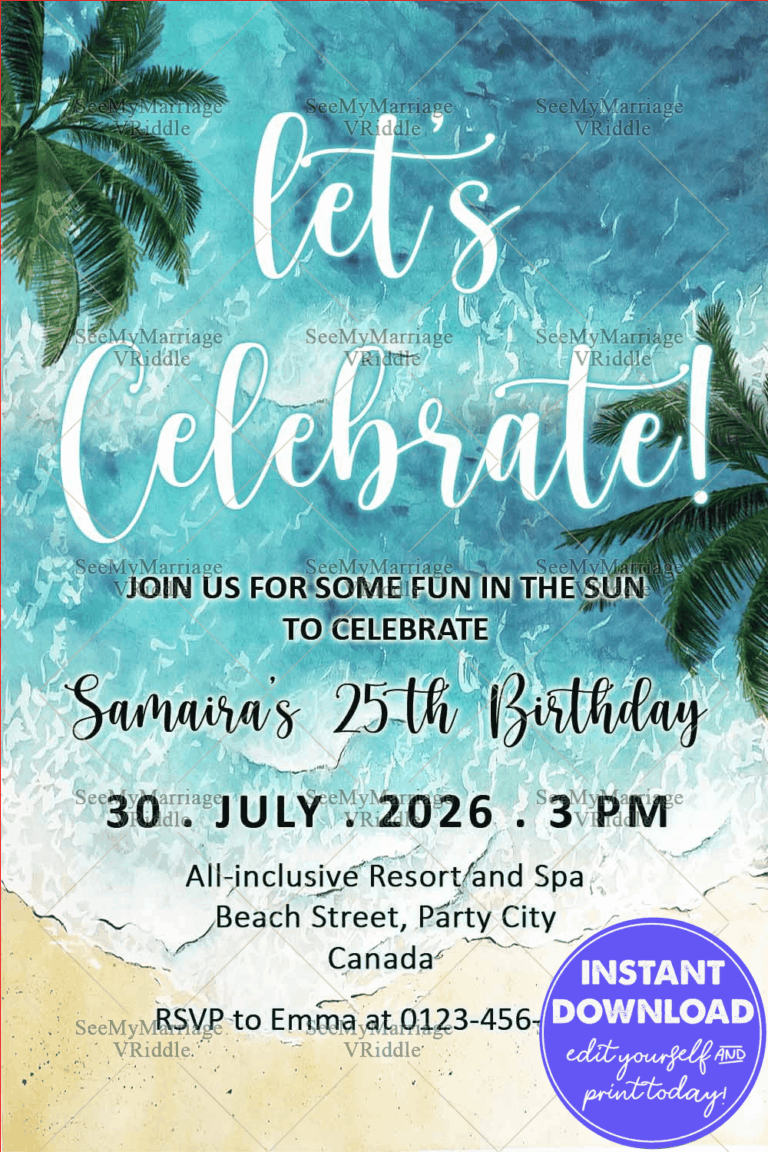 Aqua Waves Beach-Themed 25th Birthday Invitation with Tropical Palm Leaves, and Elegant Typography