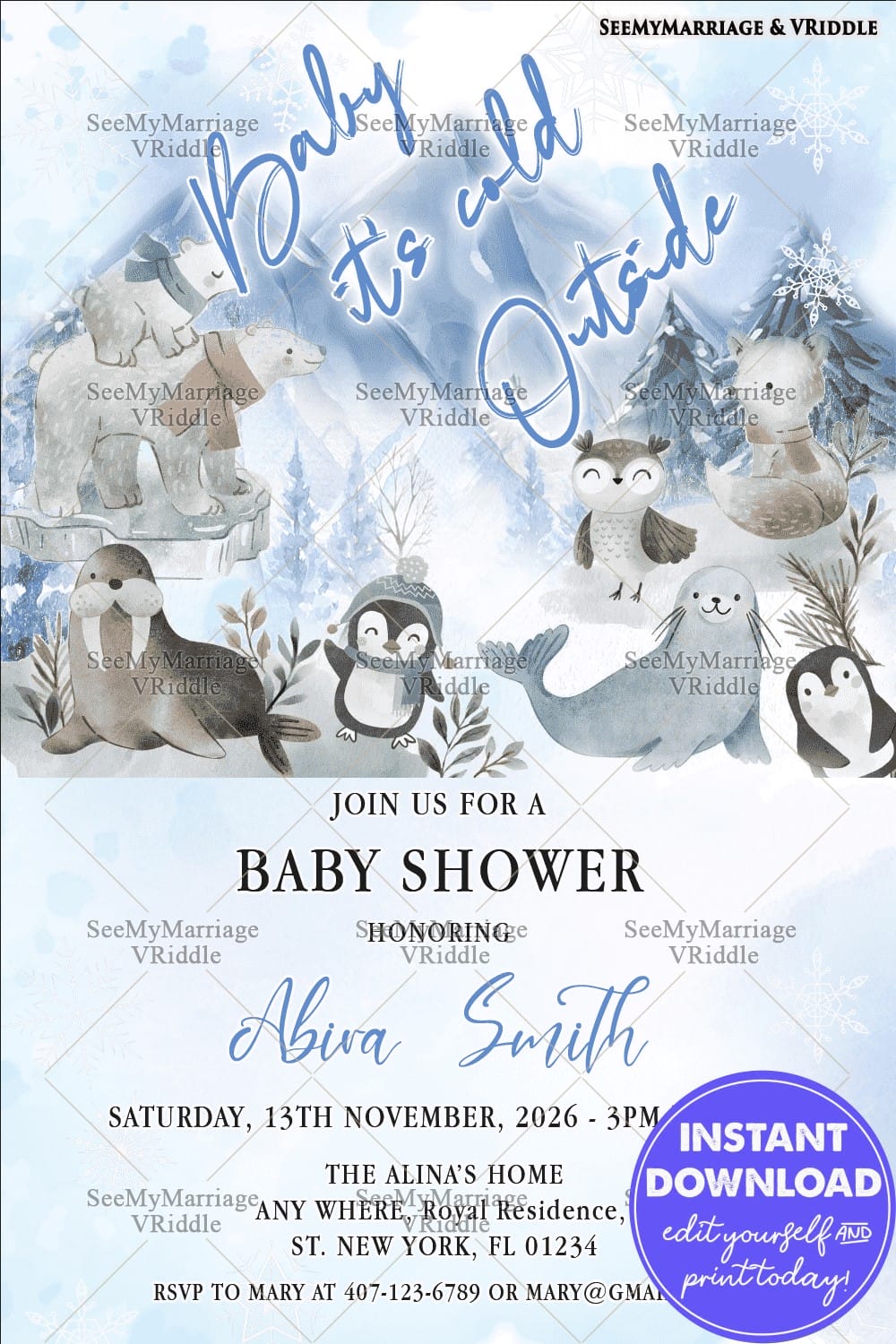 Arctic Animals-Themed Baby Shower Invitation in Snowy Winter Background in Pastel Blue Tones