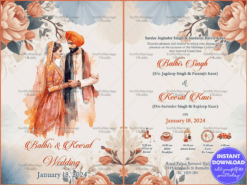 Artistic Sikh Wedding Invitation with Grand Floral Designs, Traditional Couple Illustration and Event Itinerary