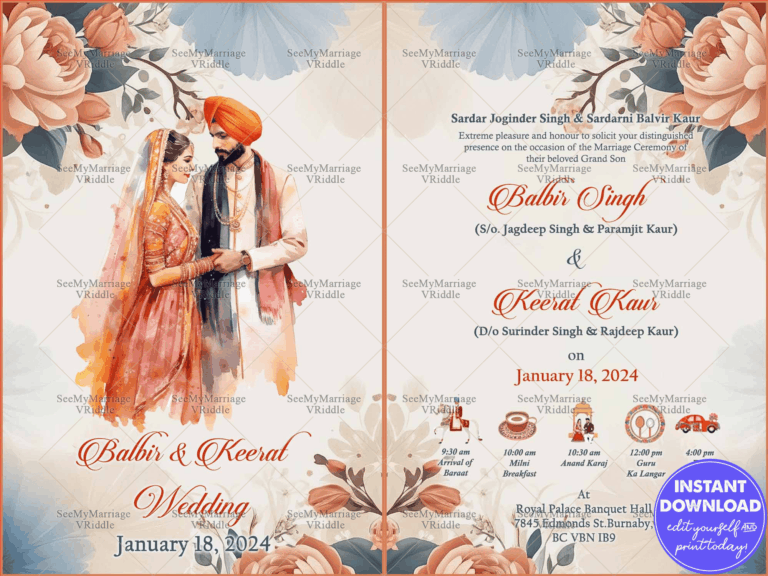 Artistic Sikh Wedding Invitation with Grand Floral Designs, Traditional Couple Illustration and Event Itinerary