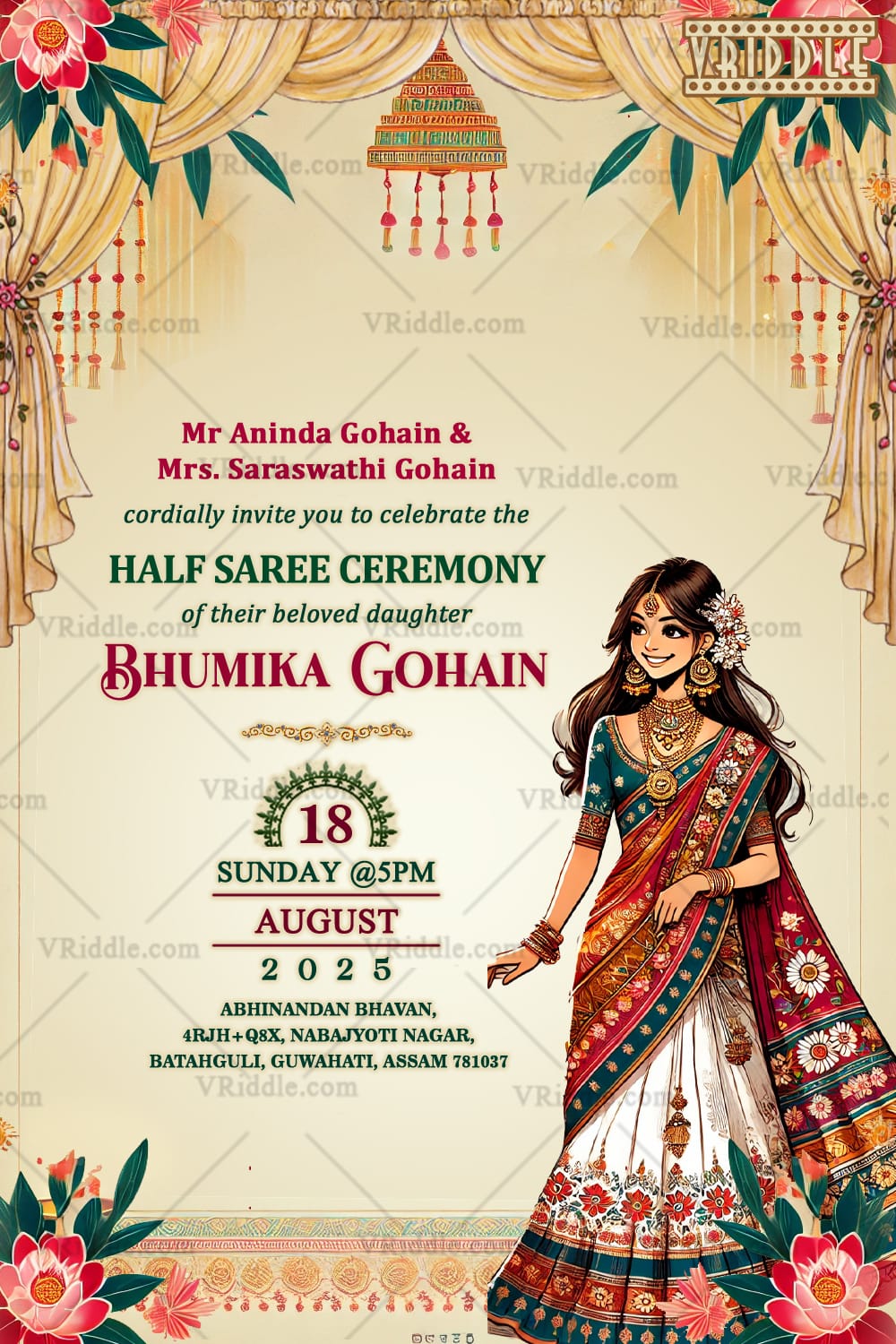 Assamese Elegance Half Saree Invitation with Floral