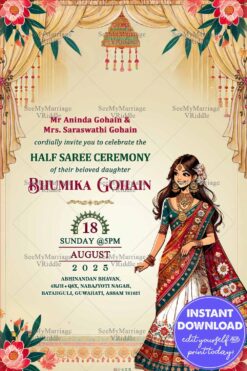 Assamese Elegance Half Saree Invitation with Floral