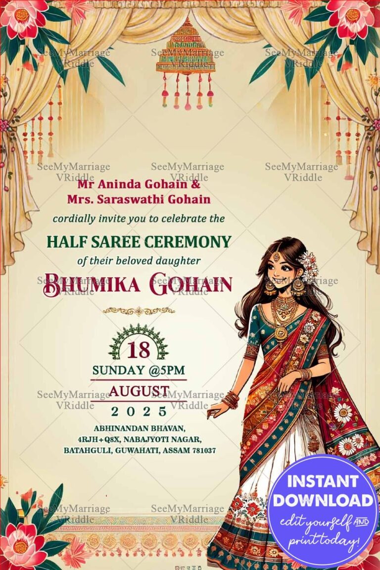 Assamese Elegance Half Saree Invitation with Floral