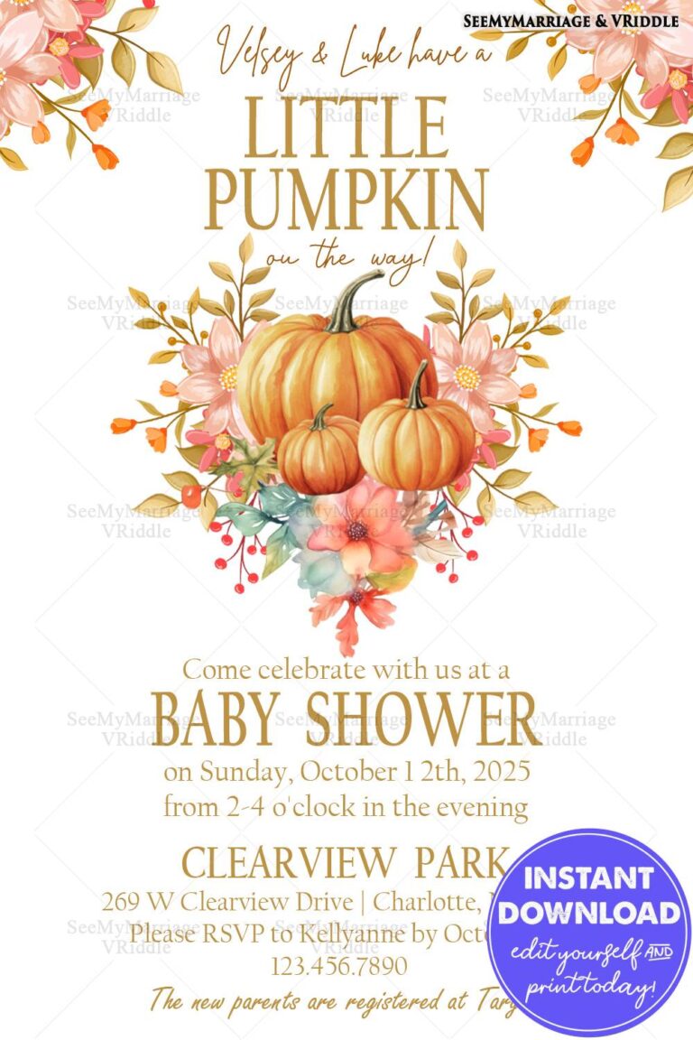 Autumn-Themed Baby Shower Invitation with Pumpkin Illustrations and Floral Accents