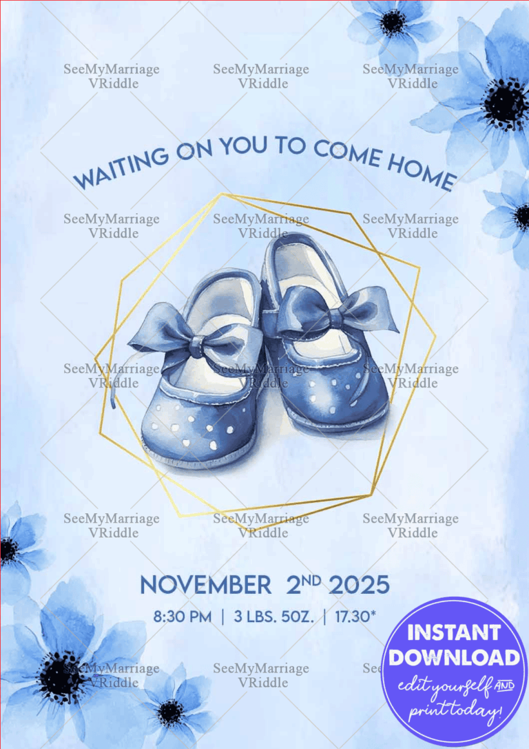 Baby Arrival Announcement Featuring Blue Shoes, Delicate Flowers and Soft Blue Background