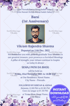 Barsi Memorial Invitation with Floral Borders and Personalized Portrait for First Death Anniversary Remembrance