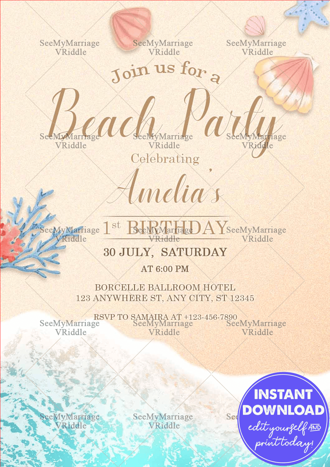 Beach Party Birthday Invitation Seashell and Ocean Theme