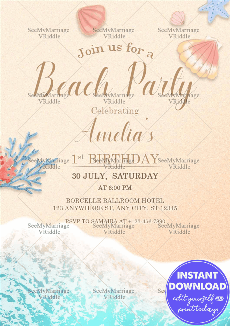 Beach Party Birthday Invitation Seashell and Ocean Theme
