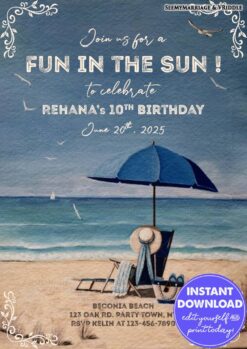 Beach-Themed 10th Birthday Invitation With a Beach Chair, Umbrella and Serene Ocean Backdrop