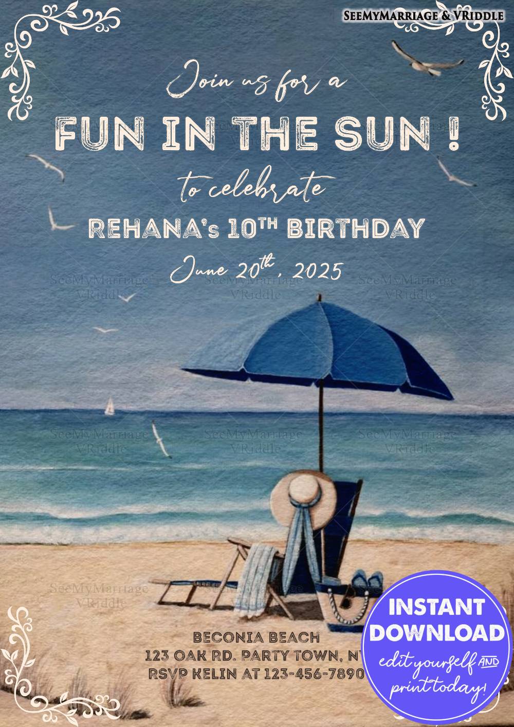 Beach-Themed 10th Birthday Invitation With a Beach Chair, Umbrella and Serene Ocean Backdrop