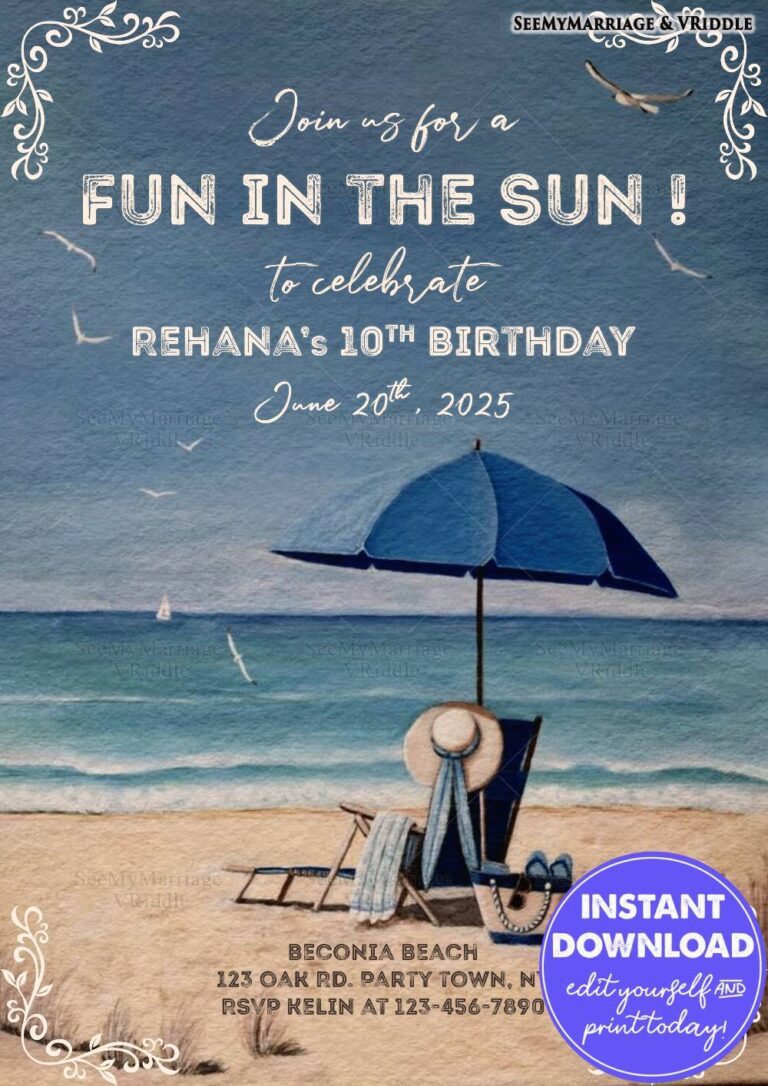 Beach-Themed 10th Birthday Invitation With a Beach Chair, Umbrella and Serene Ocean Backdrop