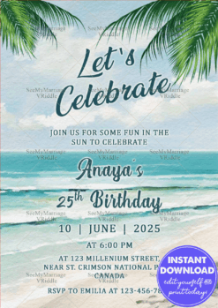 Beach-Themed 25th Birthday Invitation Featuring Ocean Waves and Tropical Palm Leaves