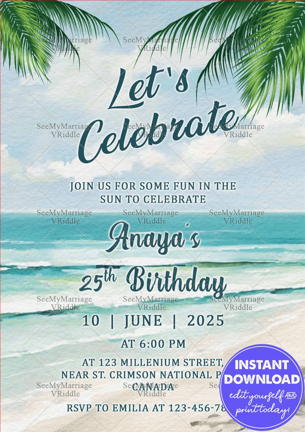 Beach-Themed 25th Birthday Invitation Featuring Ocean Waves and Tropical Palm Leaves