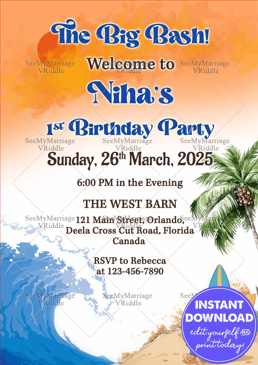 Beach Wave Birthday Invitation with Tropical Palm and Surfboards