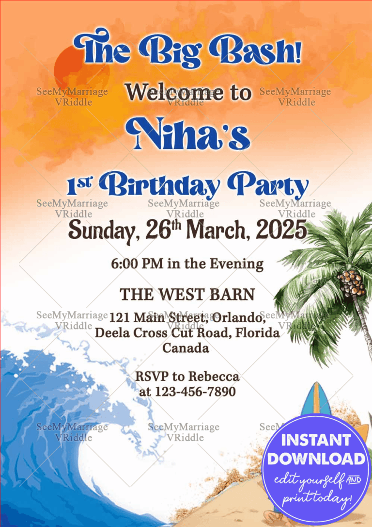 Beach Wave Birthday Invitation with Tropical Palm and Surfboards